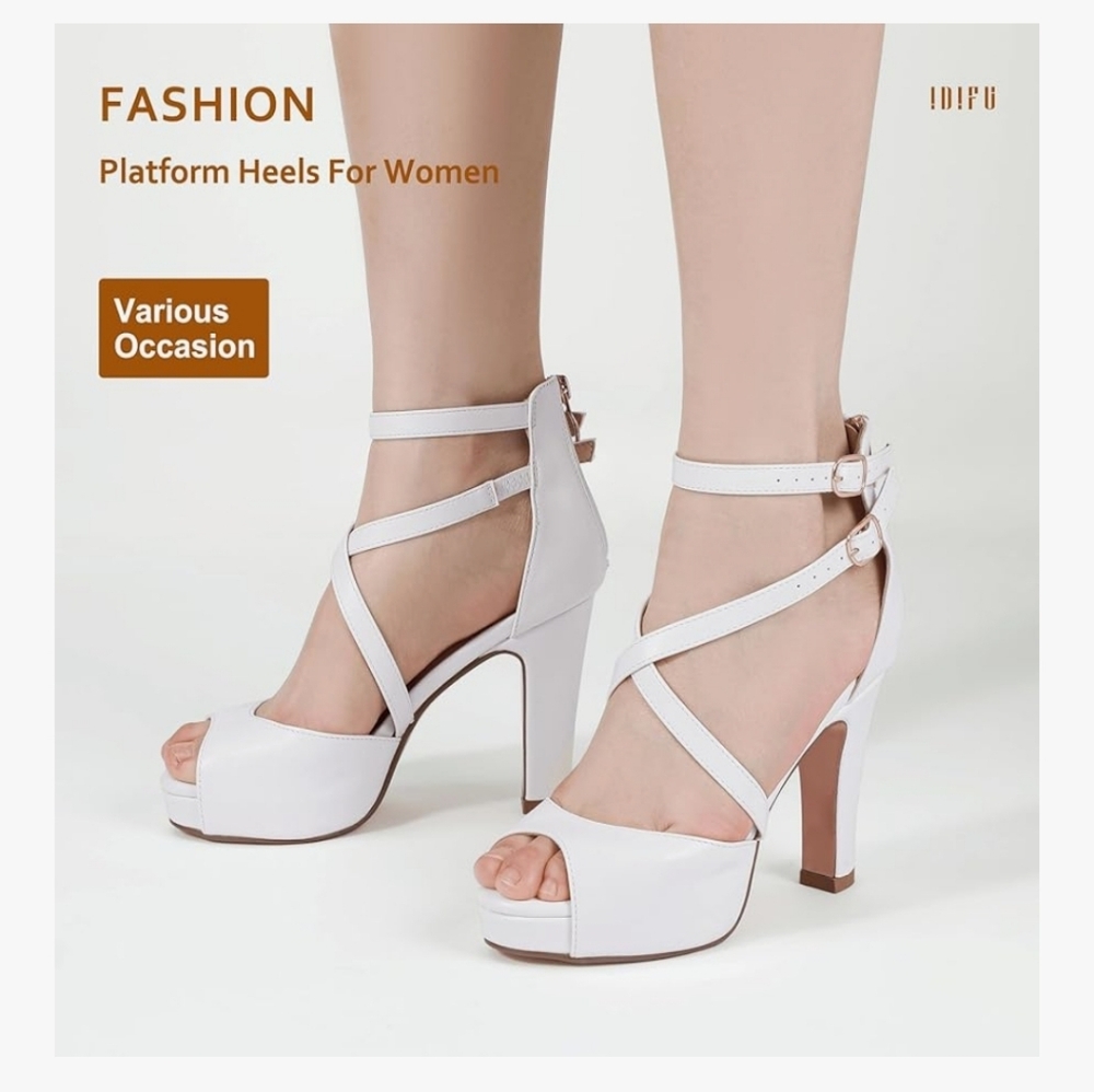 IDIFU White Platform Chunky High Heels Strappy Dress Sandals